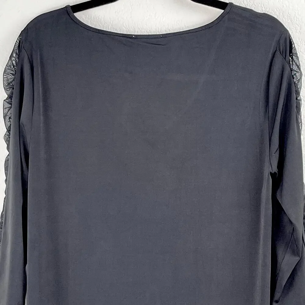 Carmen Marc Valvo Black V-Neck Sheer Mesh Sleeve Blouse NWT Large - Picture 9 of 11
